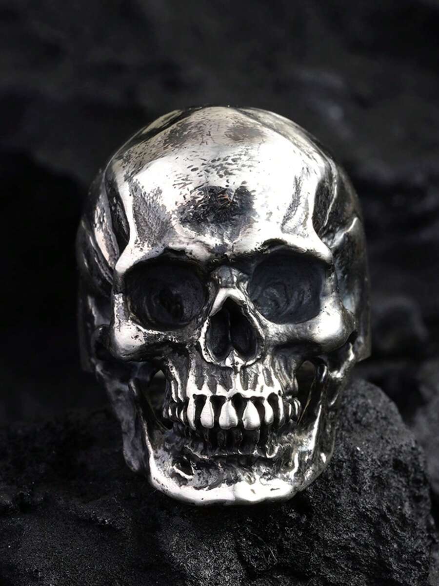 1pc Gothic Skull Ring, Dark Style Men's Accessory, Vintage Punk Vibe, Suitable For Halloween And Unisex - Cracked Skull - View 1
