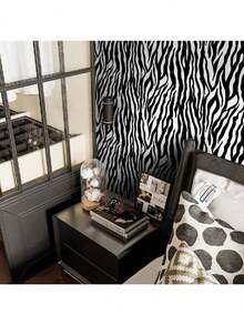 1卷自粘斑马纹壁纸，可移除PVC贴纸，现代风格，适用于客厅卧室墙面装饰、墙贴、家具橱柜桌面，简易DIY壁纸，尺寸：17.7英寸 x 196.8英寸 / 118.1英寸 x 39.3英寸 - 白黑色 - 查看 15