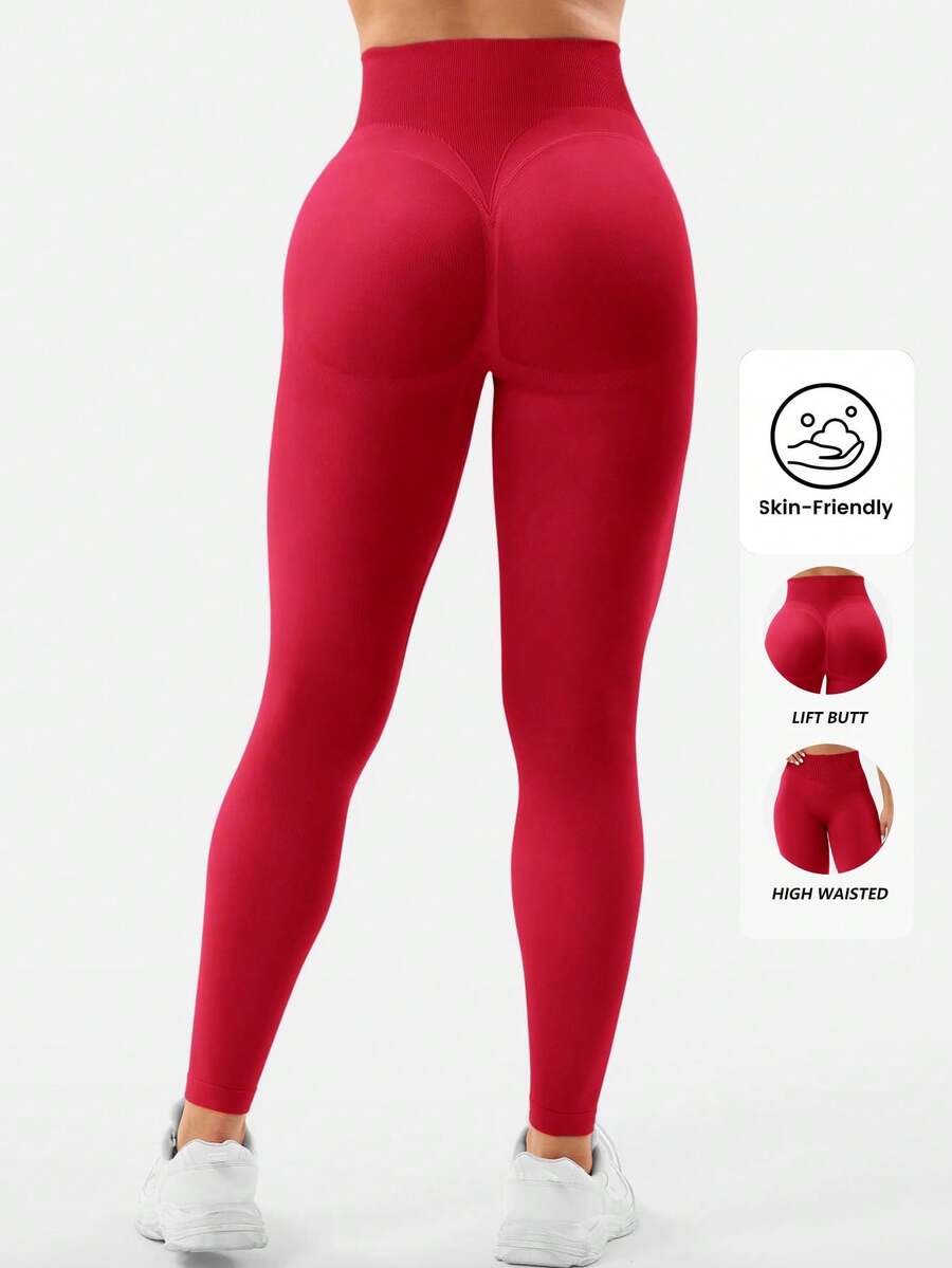 Yefecy Women's High Waist Slimming Leggings - Seamless Butt Lifting High Stretch Solid Color Yoga Pants Running Tights - Đỏ - Xem 1