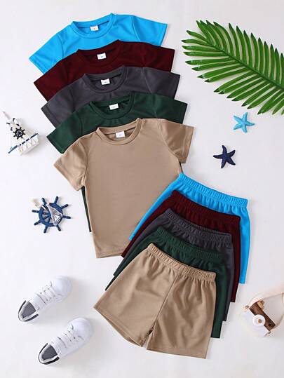 10pcs/Set Boys' Casual Colorful Knit Fabric T-Shirt And Matching Colorful Shorts Outdoor Suit, Spring/Summer