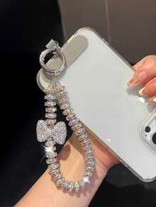 Colgante de llavero con oso/lazo de nudo con strass premium, cadena versátil anti-caída, decoración asimétrica de lazo de perla falsa, adecuado para teléfono, viaje al aire libre, compras, cordón anti-pérdida, correa de funda de teléfono de moda