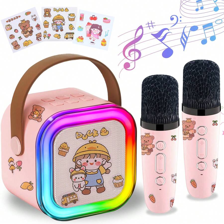 Mesin Karaoke Rumahan dengan 2 Mikrofon Nirkabel, Efek Gema, Speaker Bluetooth Portabel, Cocok untuk Berkemah atau Bepergian, Lampu Pesta LED Terintegrasi, 3 Set Stiker Dekoratif, Aktivitas Bernyanyi Bersama Orang Tua dan Anak, Penting untuk Pesta di Dalam dan Luar Ruangan