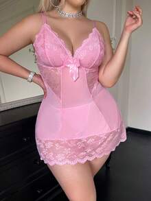 1pc Plus Size Sexy Deep V Lace Mesh Nightgown + 1pc Panty Set