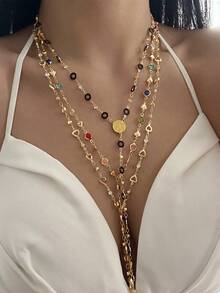 1 件朋克风格银和多宝石空心心形吊坠 Y 型项链，适合日常、派对、街头装扮