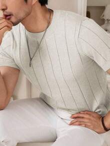 Men's Casual Crew Neck Solid Color Short Sleeve Knit T-Shirt - Màu be - Xem 2