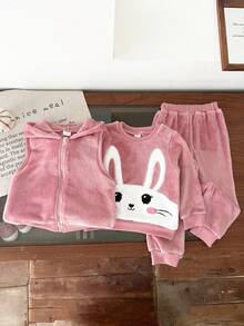 3 Stücke süßer Kaninchen Stickerei Fleece Langarm Top, einfarbige Hose und Kapuzen-Reißverschluss Weste Set, geeignet für Alltag und Outdoor, Herbst/Winter