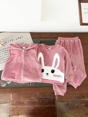 3 件套可爱兔子刺绣羊毛长袖上衣、纯色裤子和连帽拉链背心套装，适合日常和户外穿着，秋冬