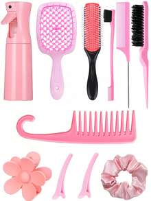 11pcs/Set Multi-Functional Hair Styling Tool Kit, Black Handle Hollow Comb Massage Scalp Relax Reduce Hair Loss, 200ml High Pressure Spray Bottle, Dense Teeth Curling Comb Detangle Hair, Large Hair Scrunchies For Ponytail, Elegant Hair Accessory Set Suitable For All Hair Types & Women, Great Gift For Girlfriend, Family ,Hair Styling Kit ,Hair Tool Kit