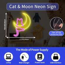 Cat & Moon Personalized Neon Lights, LED Glowing Signs Game Room Sign Wall Art Arcade Decor, Bedroom, Living Room, Bar, 5 Volt USB Powered, Level 10 Dimmer - 貓+月亮-41x30cm - 查看 2