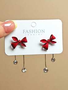 1 Pair Red Bow Tassel Long Earrings With Rhinestones, Suitable For Girl, Sweet Girl Earrings, Suitable For Christmas, Valentine's Day, Mother's Day, Gift (No Card)