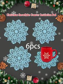 1/6pcs Christmas Snowflake Coasters, Heat Insulation Coasters For Christmas Party Table Decoration, Christmas Scene Decor Coasters, PVC Foil Snowflake Coasters