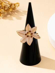 1pc Women's Flower Petal Ring, White Enamel Flower With Faux Gem Center, Suitable For Daily Wear And Vacation