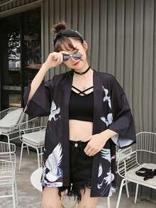 中国风复古新款仙鹤印花改良汉服开衫外套，夏季和服浴衣羽织轻薄外套 - 黑色 - 查看 4