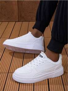 新款男士厚底滑板鞋时尚韩版四季运动鞋时尚透气小白鞋平底滑板鞋百搭运动鞋 - 白色 - 查看 4