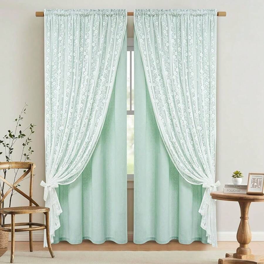 Linen Curtains For Living Room, Double Layer Curtain 84 Inch Length 2 Panels, Farmhouse Rod Pocket Drapes With Tiebacks, Light Filtering Window Treatment For Bedroom, 52 X 84 Inch, Light Green - 淺綠色52Wx84LPackof2 - 查看 1