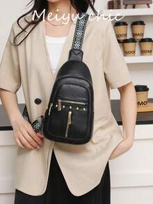 Bolso bandolera clásico multifuncional de unicolor, de tela de PU retro impermeable, con bolsillos en los bordes y cierres de cremallera, adecuado para viajes, compras, actividades al aire salidas - Negro - Ver 4