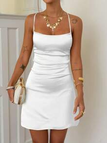 Elegant Satin Spaghetti Strap Mini Dress,Sexy Back-Tie Design & A-Line Party Dress, Y2k Spring Break Summer Outfits,Suitable For Cocktail, Bar, Evening Events,Wedding Guest - White - View 5