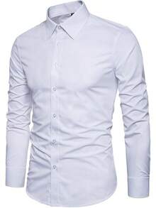 Manwan Walk Men's Slim Fit Business Casual Cotton Long Sleeves Solid Button Down Dress Shirts - 白色 - 查看 2