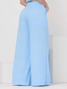 Women's Linen Wide Leg Pants Pocket Zipper Simple Evening Daily Birthday Party High Waist - 淺藍色 - 查看 2