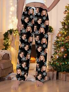 Customized Women's Christmas Pajama Pants With Snowflake Print, Holiday Home Wear Long Pants, Christmas Gift