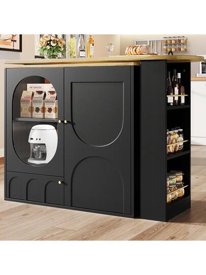 Sairedel Wit 360° Rotating Bar Tafel Storage Space Kitchen Isl 138x39x102cm Doors, Door Shelves Removable Dividers, As Dining Counter view 3