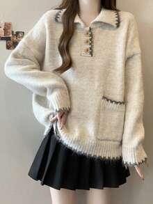 Alicedudu Women's Vintage Minimalist Contrast Color Edge Design Turtleneck Sweater, Autumn/Winter