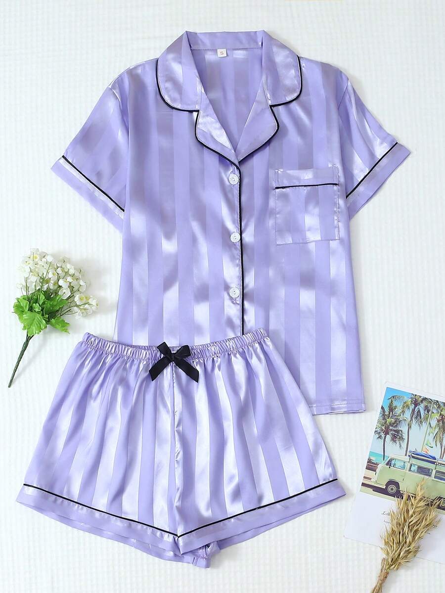 Bộ đồ ngủ 2 món bằng vải satin kẻ sọc, áo dài tay cài nút cổ cao và quần dài thắt nơ, đồ ngủ mặc ở nhà, mùa thu/đông - Màu tím Violet - Xem 1