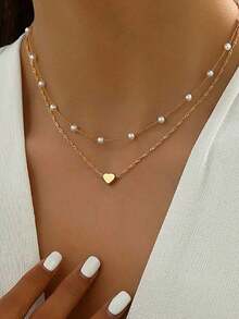 1pcs Heart-Shaped Pearl Pendant Necklace Set - Elegant Layering Jewelry For Women, Dainty Gold/Silver Necklaces For Daily Wear & Parties, Perfect Gift For Her - 金色 - 查看 6