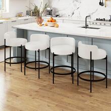 Boucle Counter Stools Set Of 4 W/Curved Backrest Metal Frame Comfy Footrest - 米色和黑色 - 查看 4