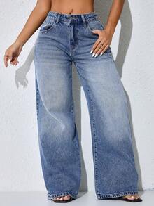 Low-Waist Wide-Leg Casual Blue Jeans With Slant Pockets And Curved Hem For Women - Blue - View 1