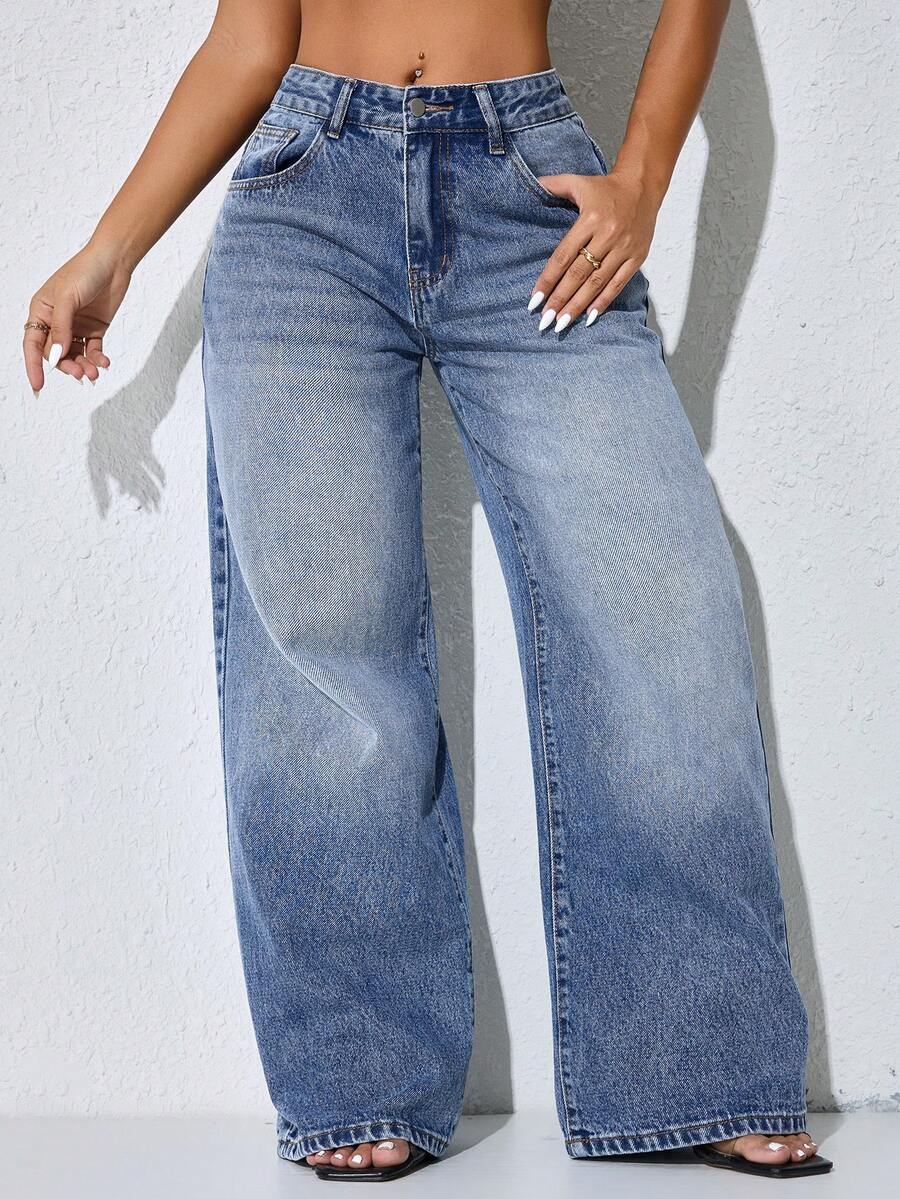 Low-Waist Wide-Leg Casual Blue Jeans With Slant Pockets And Curved Hem For Women - Blue - View 1