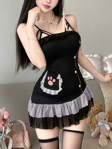 Sweet Girl Cat Maid Uniform Costume Mesh Mini Skirt Cute Women Honeymoon Anniversary Surprise War Robe Lingerie Nightgown - màu đen - Xem 2