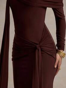 Women's Fashion Off Shoulder Long Sleeve Maxi Long Bodycon Dress Fall And Winter Ruched Dress Elegant Brown Cocktail Night Out Party Dress Sexy Clothes - Brown - View 6