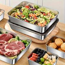 Buy 3 Get 2 Free, A Total Of 5 Stainless Steel Food Storage Containers - With Free Lids, Durable Baking Trays, Reusable, Suitable For Picnics, Meal Preparation, Refrigerator Organization, And Kitchen Essentials | Easy To Clean, Stackable - 銀色 - 查看 2