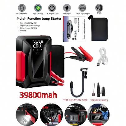 Portable Car Jump Starter With Air Compressor, Emergency LED Light & Power Bank – Fast Charging For Phones, Laptops, Cars, Trucks, RVs, And More – Includes Storage Bag, Vehicle Battery Charger | Sleek Battery Pack | Advanced Features, Portable Car Battery Jump Starter