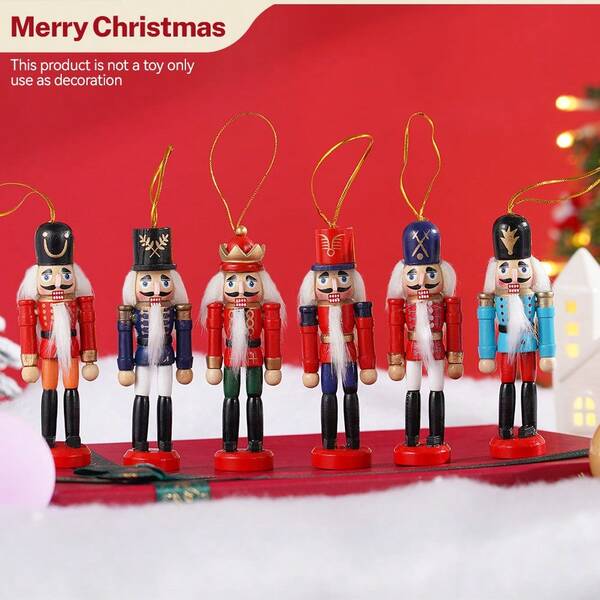 6pcs Christmas Nutcracker Soldier Band Wooden Handicraft Christmas Tree Pendant Miniature Doll Desktop Ornament New Year Home Decoration