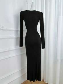 女士性感V领修身隐形甜美清凉紧身鱼尾裙 - 黑色 - 查看 10