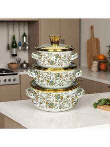 3pcs Enamel Coated Cookware Set: Milk Pot With Handles, Enamel Bowl, Mini Pot, Soup Pot, Ramen Bowl, Small Hot Pot, Thick Enamel Pot With Handles, Suitable For Induction Cooktop, Gas Stove, Cooking Small Portions Or Food Storage, Family Dinner Supplies, Christmas Party Supplies