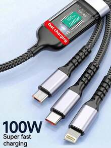 三合一 100W 5A 快速充电 USB 转 Type-C Micro 快速充电线兼容 14 13，三合一 100W 快速充电线智能超级快速充电支持多接口充电 USB 可视化电源充电线兼容苹果，SANXOPPO 车载快速充电线。兼容 、安卓、相机、MP3 通用适配器 Nan MFi 认证