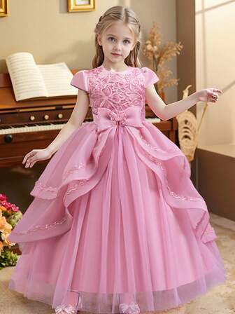 女童长款亮片花朵连衣裙，青春期女孩婚礼/毕业典礼蓬松公主裙，宴会礼服，四季皆宜