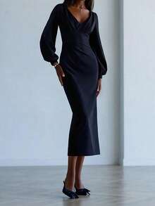 Damen Mode sexy figurbetontes Kleid mit V-Ausschnitt und Raffungen, Maxikleid mit Ballonärmeln und Schlitz, Damen Party Einfarbiges Kleid