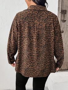 Plus Size Casual Leopard Print Long Sleeve Jacket, With Collar, Knitted Fabric, Regular Length, Front Button Closure Outerwear