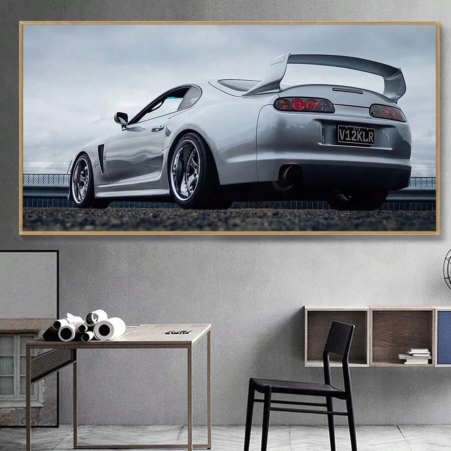 Póster de arte en lienzo sin marco con diseño de auto deportivo moderno, perfecto para sala de estar, dormitorio, oficina y talla grande - Decoración de pared versátil - Para entusiastas de los autos y amantes de la decoración del hogar - Excelente regalo para inauguración de casa y cumpleaños - Multicolor - Ver 1