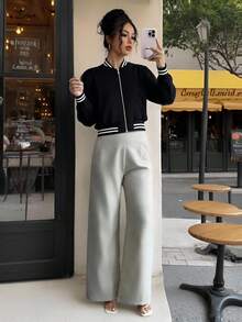 Chaqueta de manga larga con bloqueo de color en el cuello, los puños y el bajo para mujer - Negro - Ver 2