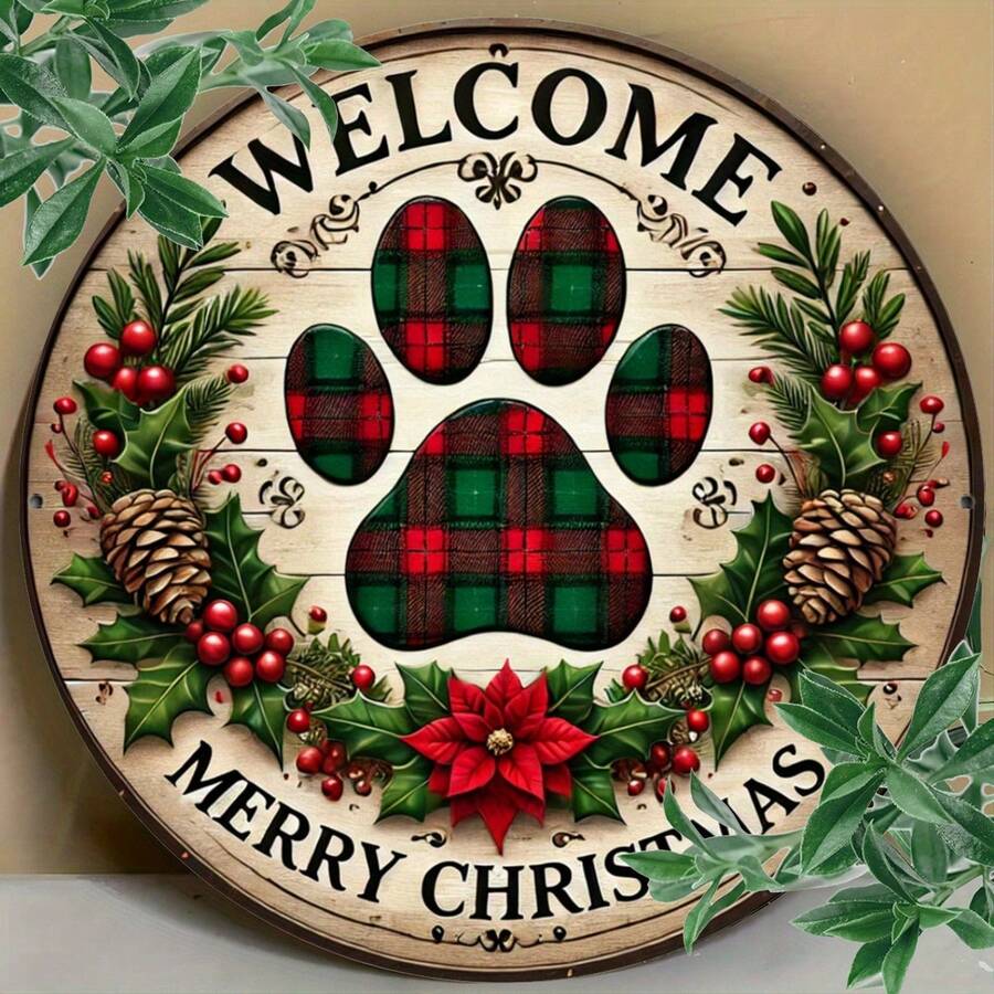 8x8 Inch Round Metal Welcome Paw Print Wall Decor, Suitable For Bars, Cafes And Clubs, Perfect Room Decoration, Random Hole Style - Multicolor - View 1