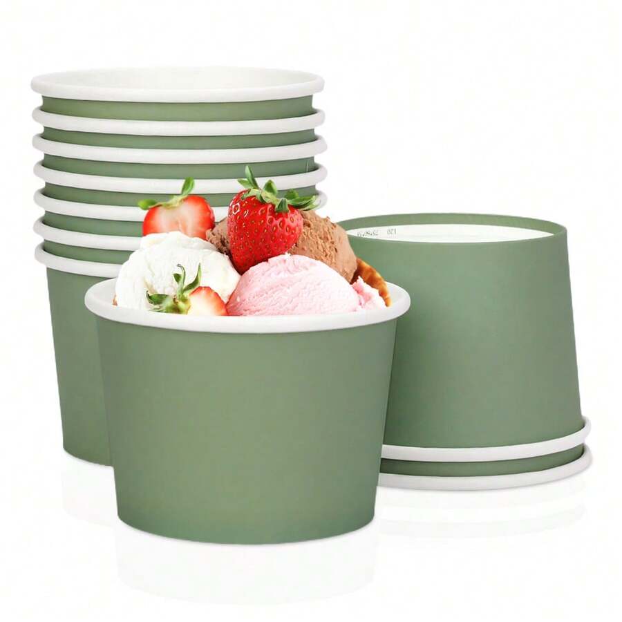 10 pièces/20 pièces/50 pièces Coupes à glace en papier vert sauge, bols à dessert vert foncé pour aliments chauds ou froids, tasses à gâteaux pour fête, contenants à yaourt pour anniversaire, baby shower, mariage, Pâques et autres fêtes