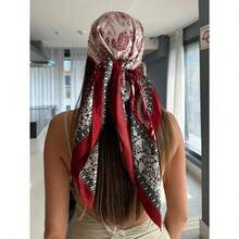 1PC Fashionable Women's Square Headscarf, 90cm Large Women's Satin Square Silk Atmosphere Hair Scarf Headscarf, Daily Clothing Matching, Gift For Her - 紅白色 - 查看 1