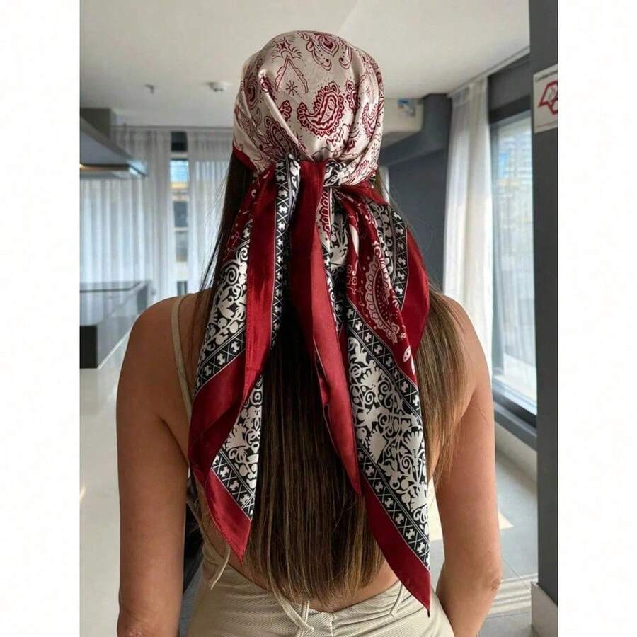 1PC Fashionable Women's Square Headscarf, 90cm Large Women's Satin Square Silk Atmosphere Hair Scarf Headscarf, Daily Clothing Matching, Gift For Her - 紅白色 - 查看 1