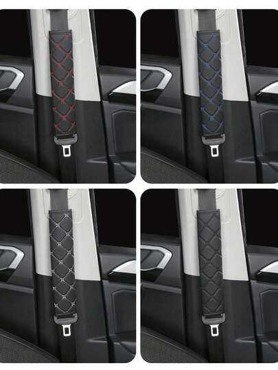 PU 皮革格子刺绣安全带套，舒适防紧汽车安全带肩垫，汽车配件，适合所有季节