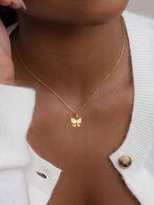 不锈钢防水不褪色可爱柔白滴油蝴蝶吊坠项链锁骨链，适合女士日常佩戴 - 金色 - 查看 1